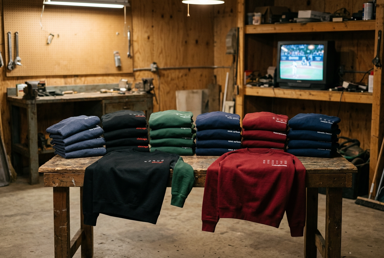 Stacks of folded Bleacher Bandit crew necks in every colorway on a wood table, two open showing the chest artwork
